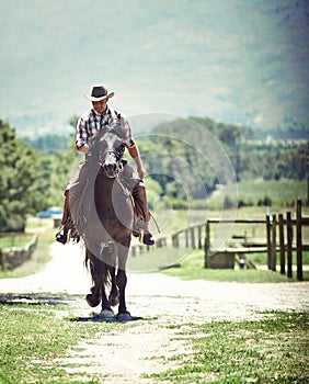 Yeeha. Shot of a cowboy riding his horse on a country lane.