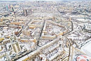 Yekaterinburg aerial panoramic view at Winter in cloudy day. Chelyuskintsev street and Krasnyy Pereulok street
