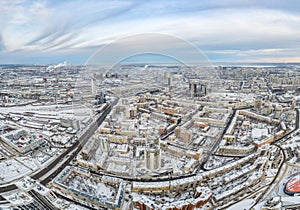 Yekaterinburg aerial panoramic view at Winter in cloudy day. Chelyuskintsev street and Krasnyy Pereulok street