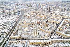 Yekaterinburg aerial panoramic view at Winter in cloudy day. Chelyuskintsev street and Krasnyy Pereulok street