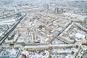 Yekaterinburg aerial panoramic view at Winter in cloudy day. Chelyuskintsev street and Krasnyy Pereulok street