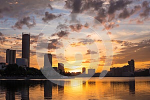 Yekaterinburg city center on sunset. City pond view, amazing clouds and sky. High buildings, skyscrapers on the embankment