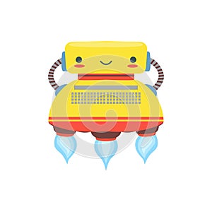 Yelllow Flying Friendly Android Robot Character In Shape Of Typewriter Vector Cartoon Illustration