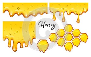 Yelllow honeycombs with flowing honey borders set isolated, design for medicine logo, product packaging, vector