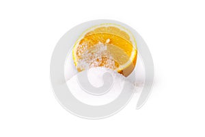 Yelllow lemon with salt on white background