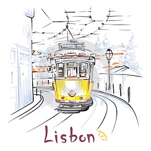Yellow 28 tram in Alfama, Lisbon, Portugal