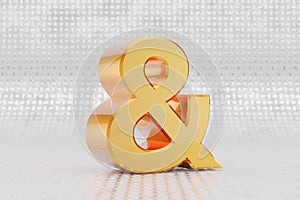 Yellow 3d ampersand symbol. Glossy yellow metallic sign on metal floor background. 3d rendered font character