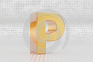 Yellow 3d letter P uppercase. Glossy yellow metallic letter on metal floor background. 3d rendered font character