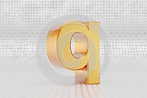 Yellow 3d letter Q lowercase. Glossy yellow metallic letter on metal floor background. 3d rendered font character