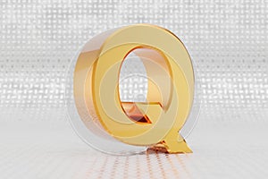 Yellow 3d letter Q uppercase. Glossy yellow metallic letter on metal floor background. 3d rendered font character