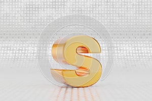 Yellow 3d letter S lowercase. Glossy yellow metallic letter on metal floor background. 3d rendered font character