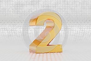 Yellow 3d number 2. Glossy yellow metallic number on metal floor background. 3d rendered font character