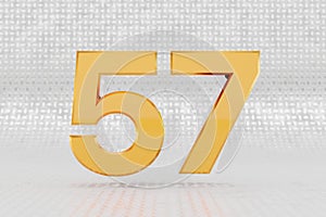 Yellow 3d number 57. Glossy yellow metallic number on metal floor background. 3d rendered font character.