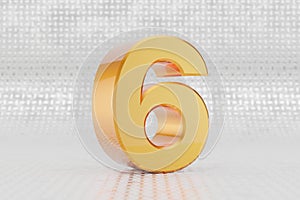 Yellow 3d number 6. Glossy yellow metallic number on metal floor background. 3d rendered font character