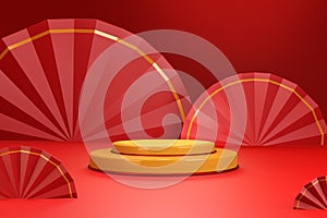 Yellow 3D podium chinese new year decorate with red china fans in red theme Mockup for product display advertisement 3D rendering