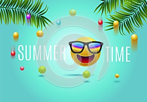 Yellow 3D smiley with glasses on blue summer background with palm leaves. Realistic 3D emoji smile face in hipster