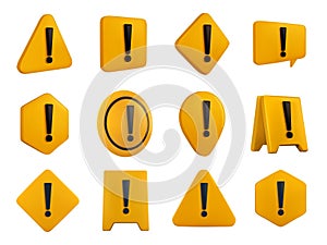 Yellow 3D warning sign. Hazard symbols with exclamation points, safety caution and attention alert icons realistic