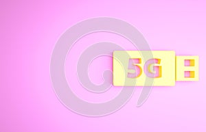 Yellow 5G modem for fast mobile Internet icon isolated on pink background. Global network high speed connection data