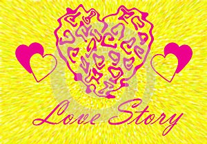 Yellow abstract background with pink hearts written love story, love story banner