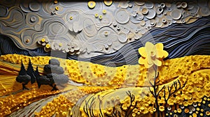 Yellow Abstract Landscape Paper Sculpture With Dazecore And Swirling Vortexes