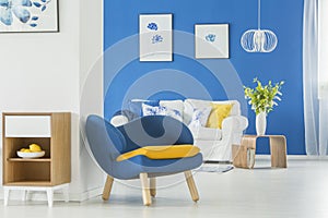 Yellow accents in blue room photo