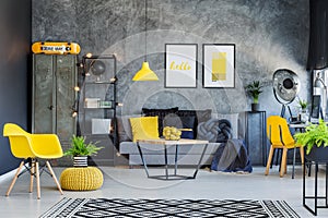 Yellow accents and metal furniture photo