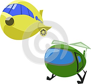 Yellow aeroplane and green helicopter