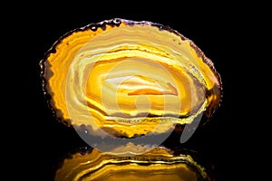 Yellow agate slice, black background, healing stone and mineral