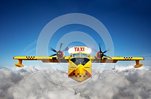 Yellow air taxi airplane transportation in sky