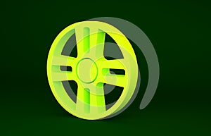 Yellow Alloy wheel for a car icon isolated on green background. Minimalism concept. 3d illustration 3D render