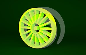 Yellow Alloy wheel for a car icon isolated on green background. Minimalism concept. 3d illustration 3D render