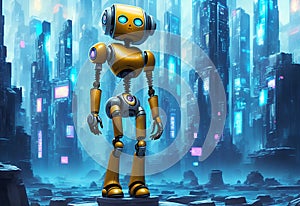 yellow android robot and cyber megacity buldings generative AI illustration