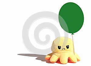 yellow angry toy octopus with green balloon isolated on white background. sad or moody kids concept. children agressive