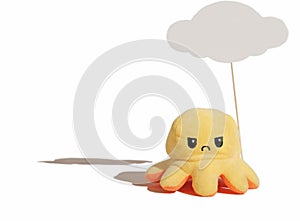yellow angry toy octopus isolated on white background. sad or moody kids concept. children agressive bahaviour