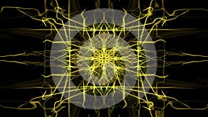 Yellow animated rectangle fractal ornament on black background. Rays of energy in convergent motion