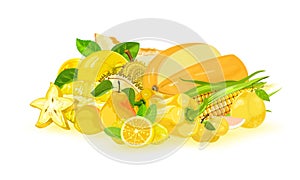 Yellow apple, melon, carambola, maize, lemon, bell pepper, pear, myrobalan, pomelo, durian.