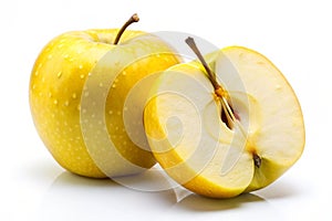 Yellow apple with sclice, isolated on white background