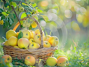 Yellow Apples in Basket, Rich Apples Harvest Banner, Ripe Fruits in Garden on Grass under Apple Tree