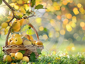 Yellow Apples in Basket, Rich Apples Harvest Banner, Ripe Fruits in Garden on Grass under Apple Tree