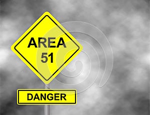 Yellow Area 51 road side sign illustration, with distressed ominousbclouds