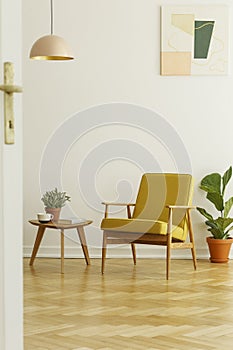 Yellow armchair and coffee table with a cup and plant on a herringbone parquet in a living room interior. Real photo