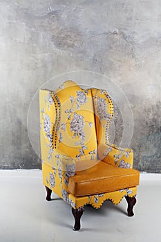 Yellow armchair, interior, pattern, provence, beautiful, wall, texture, space, text, inscription,