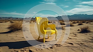 Yellow armchair in the middle of the surrealistic desert. AI generated