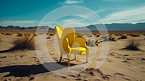 Yellow armchair in the middle of the surrealistic desert. AI generated