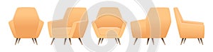 Yellow armchair in modern style from different angles. Front, side and back views. Vector illustration