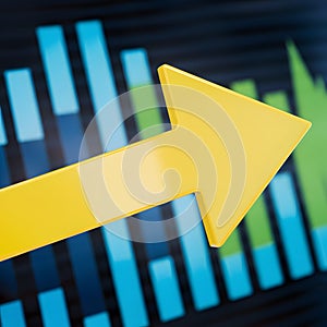 Yellow arrow in focus, blue and green bars symbolize positive financial trend
