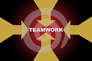 Yellow arrow run to teamwork word on red background,