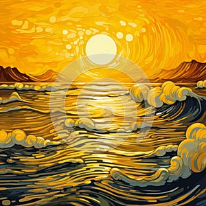 Yellow Art Deco Seascape Abstract Painting