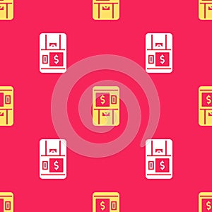 Yellow ATM - Automated teller machine and money icon isolated seamless pattern on red background. Vector