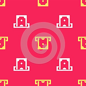 Yellow ATM - Automated teller machine and money icon isolated seamless pattern on red background. Vector